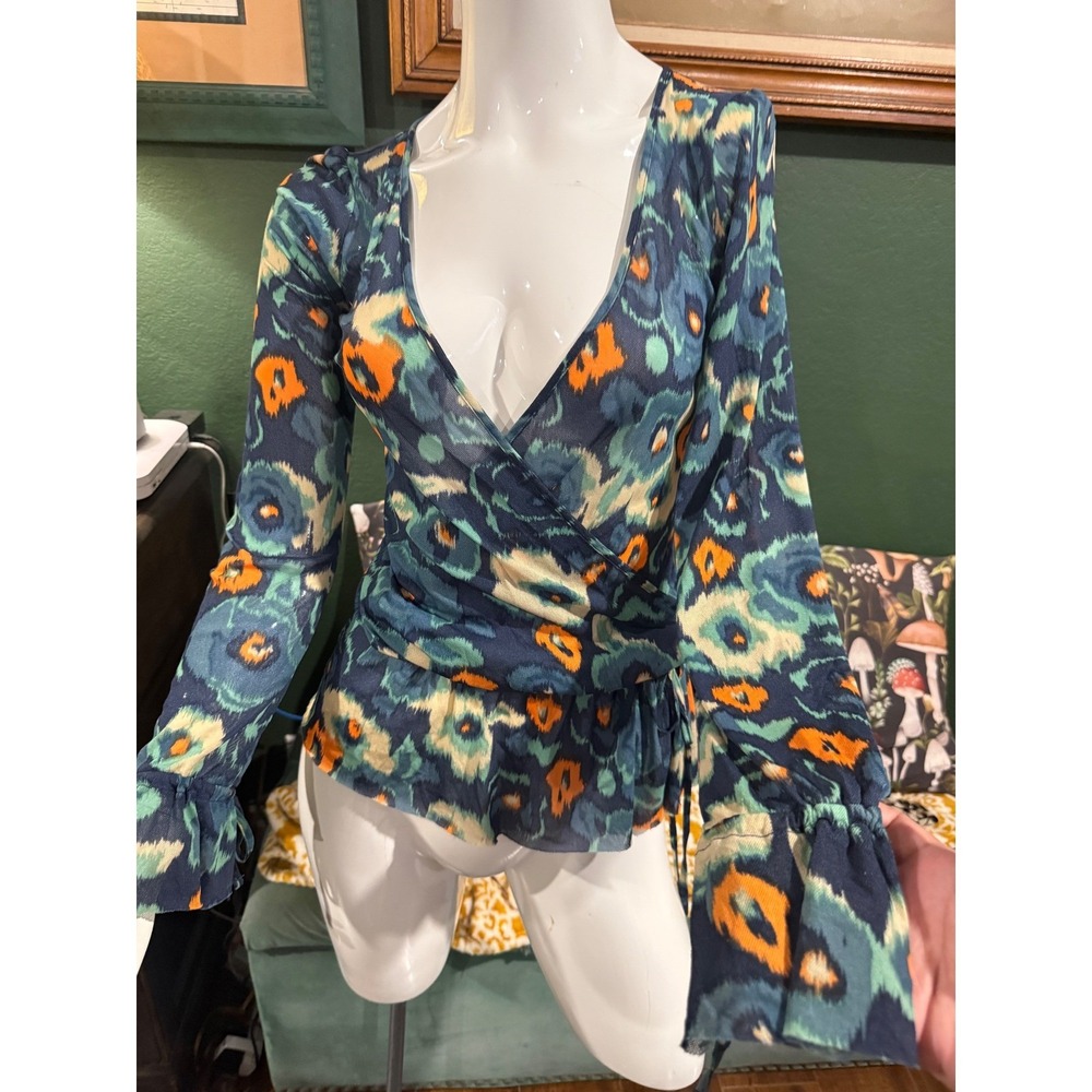 Arden B Womens Small Mesh Wrap Top Teal Orange Abstract Floral Y2K Bell Sleeve